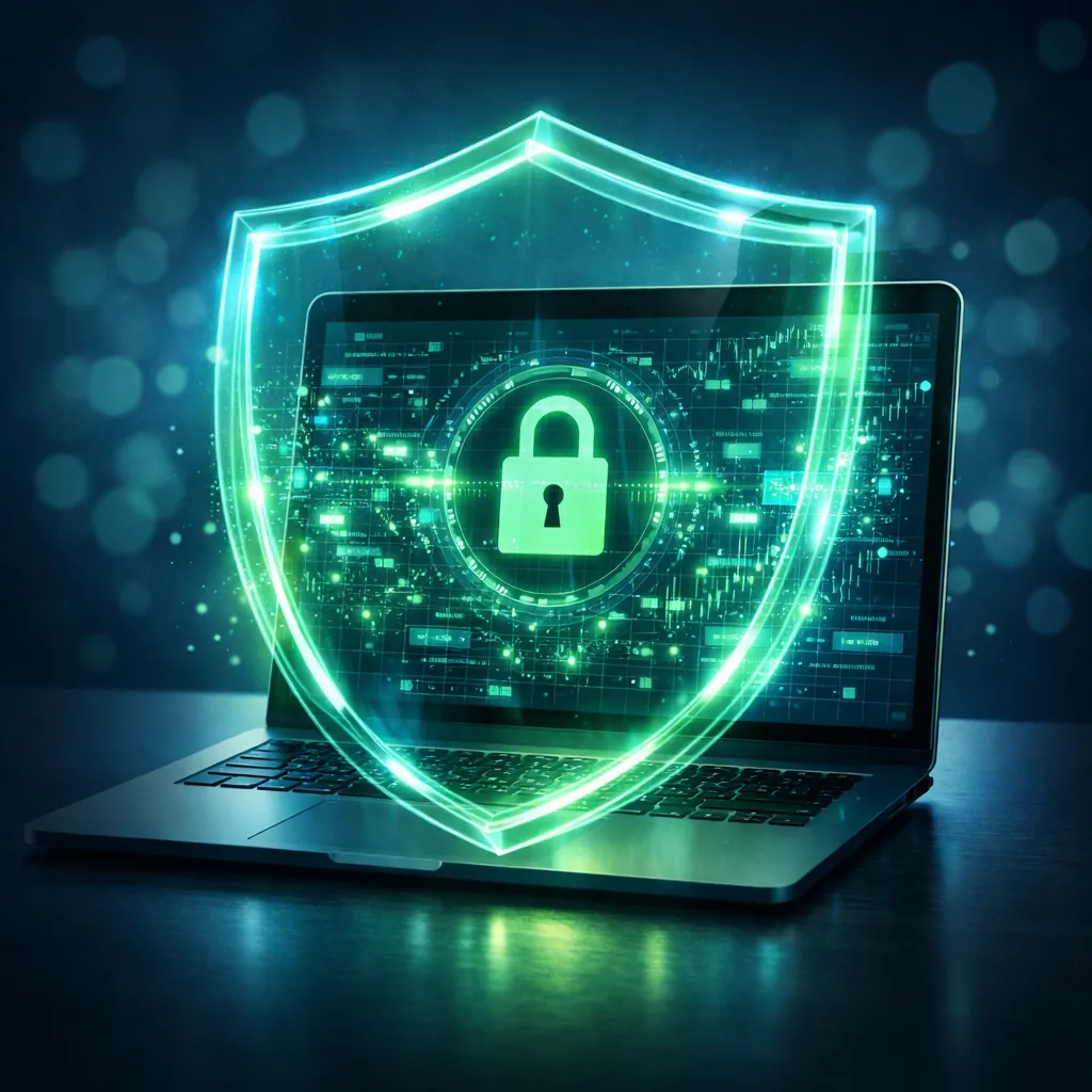 جهاز لاب توب محمي بدرع رقمي أخضر مع قفل في المنتصف يرمز إلى الخصوصية وأمن البيانات
